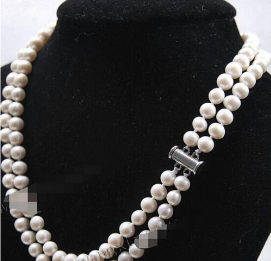 FREE SHIPPING Charming!2Rows 8-9mm White Akoya Cultured Pearl Necklace