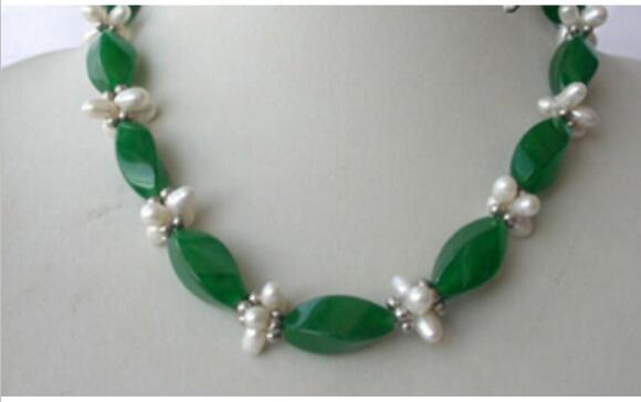 FREE SHIPPING green baroque jade white freshwater cultured pearl necklace