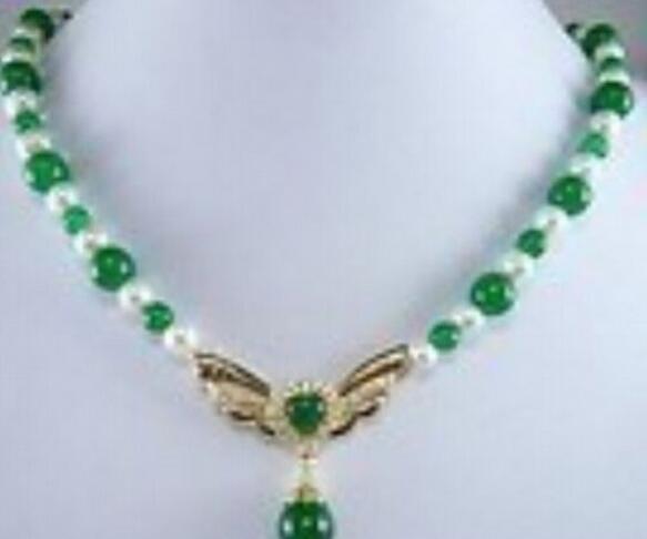 FREE SHIPPING green jade white pearl necklace