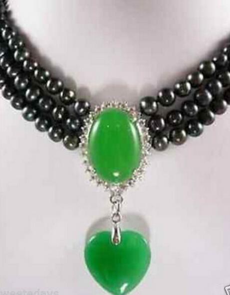 FREE SHIPPING++3 rows 7-8mm black pearl necklace green jade pendant