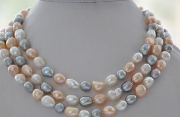 FREE SHIPPING 9mm white pink gray baroque freshwater pearl necklace 48inch