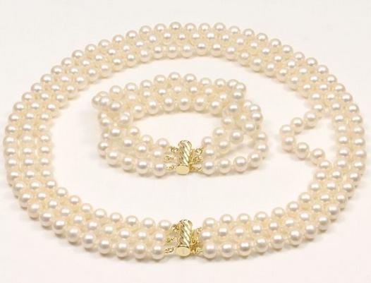 HOT SELL 3 ROW 18 INCH AAA 8-9MM WHITE PEARL NECKLACE 14K GOLD CLASP FREE BRACELET