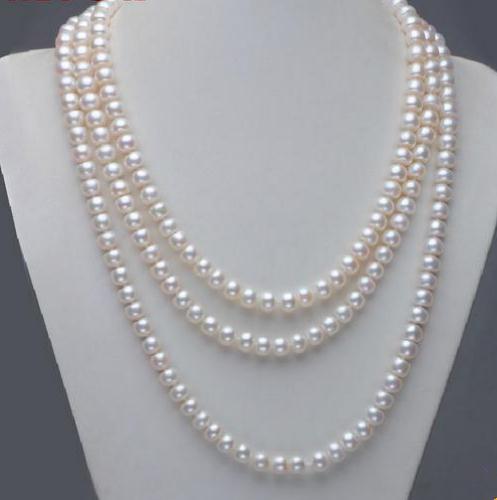 Hot Sell 7-8mm Natural South Seas White Pearl Necklace 48 Inch 925 Silver Clasp Beaded Necklaces