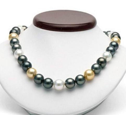 Charming 10-11mm South Sea Gold Black White Pearl Necklace 18inch 14K Gold Clasp Beaded Necklaces