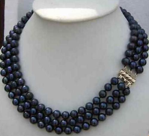 Hot Sell Triple Strands 8-9mm Natural Tahitian Black Pearl Necklace 18-20inch 14K Gold Clasp Beaded Necklaces