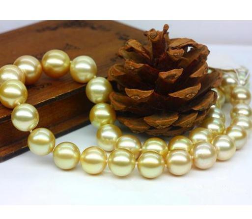 Hot Sell 9-10mm Round South Seas Gold Pearl Necklace 18 Inch 14K Gold Clasp Beaded Necklaces
