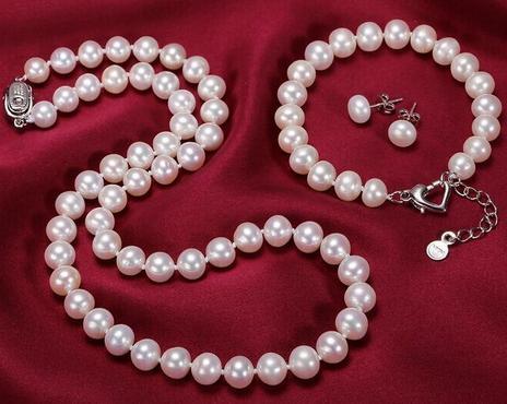 Hot sell 9-10mm natural south seas white pearl necklace 19 inch 925 silver clasp free bracelet earrings