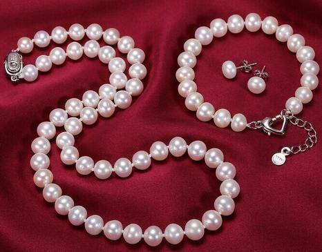 Classic 9-10mm natural south seas white pearl necklace 925 silver clasp 19 inch free bracelet earrings