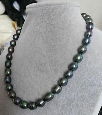 Elegant 11-13mm tahitian black green pearl necklace 18inch 14K gold clasp