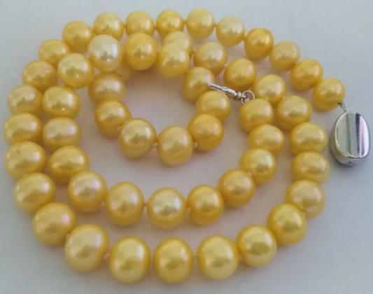 Classic Natural 8-9mm south seas gold Pearl necklace 18inch 925 silver clasp