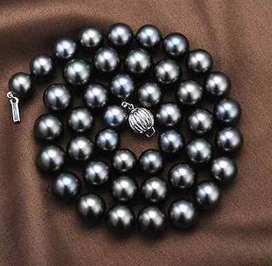 Charming round 9-10MM natural black pearl necklace 18 inch 925 silver