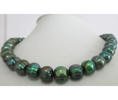 HOT SELL TAHITIAN 10-11MM PEACOCK GREEN PEARL NECKLACE 22 INCH 14K GOLD