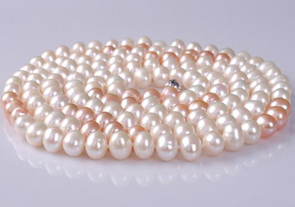 Gorgeous natural 8-9mm south seas white pink pearl necklace 40inch 925 silver clasp