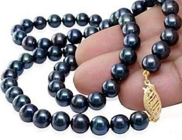 BEAUTIFUL 8-9MM NATURAL BLACK TAHITIAN PEARL NECKLACE 18 INCH 14K GOLD CLASP