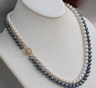 Charming 7-8mm south seas black white pearl necklace 18-19inch 14k gold
