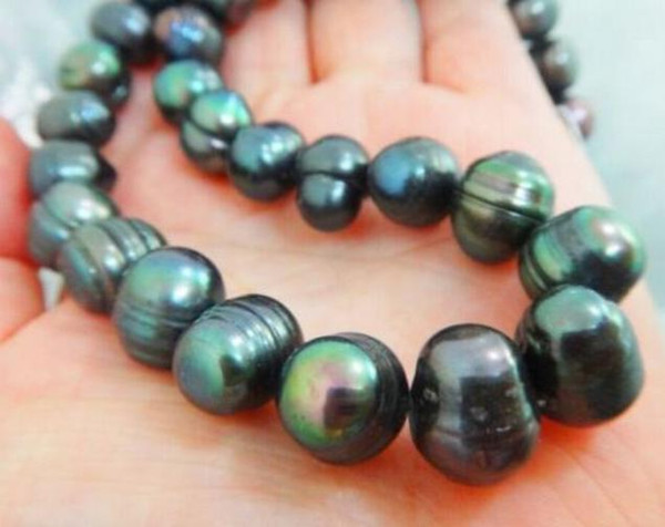 Elegant 11-12mm south seas peacock green pearl necklace 18inch 14K gold clasp