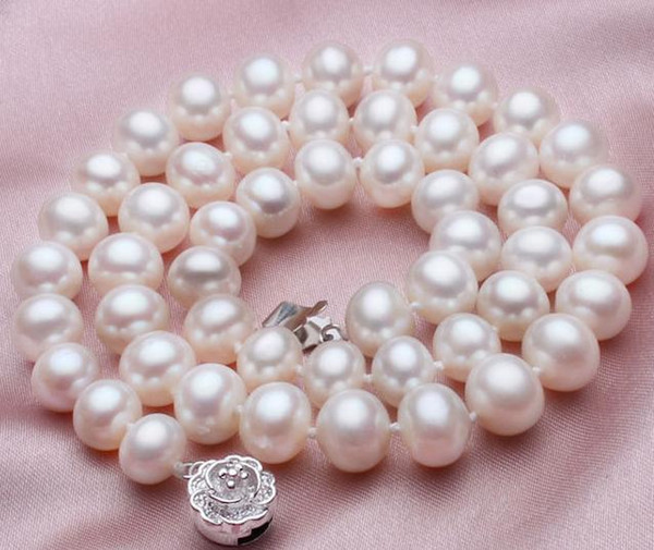 Charming natural 8-9mm genuine white AKoya pearl necklace 18inch 925 silver clasp