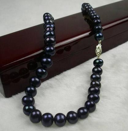 Cassic 18 inch 9-10mm black tahitian pearl necklace 925 silver clasp