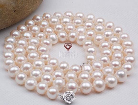 Classic 9-10mm south sea white pearl necklace 22 inch 925 silver clasp