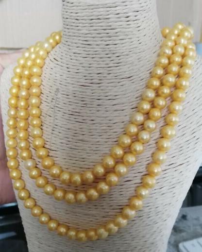 Hot sell triple strands 8-9mm south sea gold pearl necklace 18-22inch 14k gold