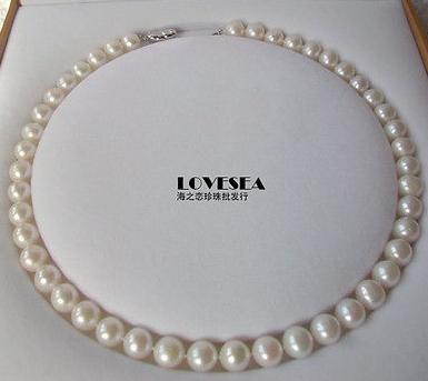 Gorgeous 9-10mm natural Akoya white pearl necklace 17.5inch 925 silver clasp