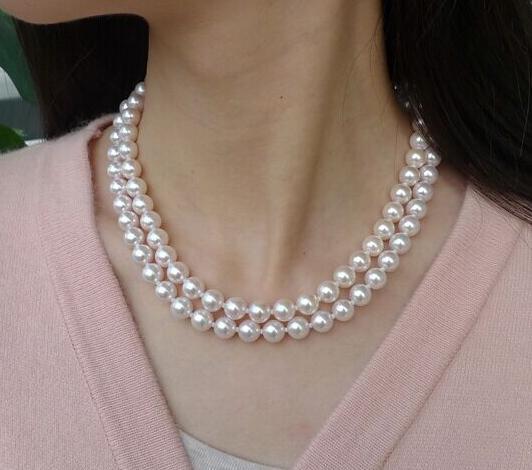 Classic double strands 8-9mm Akoya white round pearl necklace 18 inch 19 inch 14k gold clasp