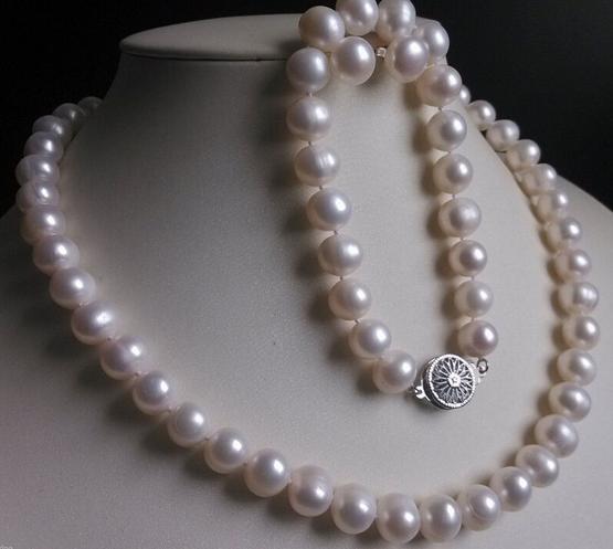 Cassic 9-10MM White south sea Pearl Necklace 18 inch 925 silver clasp free Bracelet Earring