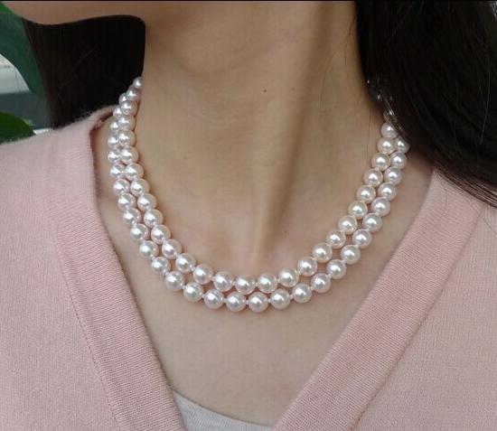 Charming double strands 8-9mm Akoya white round pearl necklace 18 inch 19 inch 14K gold clasp