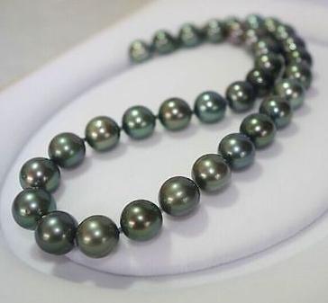 Gorgeous 9-10mm natural south sea peacock green pearl necklace 17.5 inch 14K gold clasp