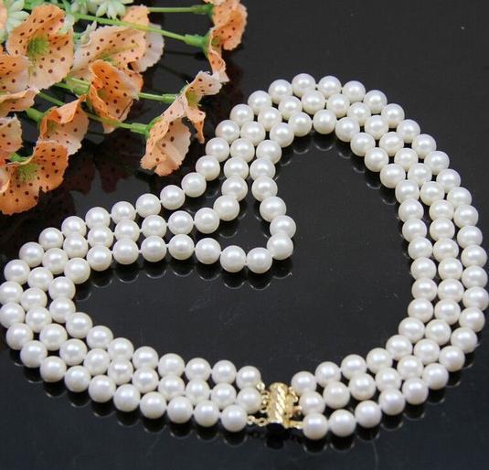 Cassic triple strand 9-10 mm natural south sea white pearl necklace 18-20 inch 14K gold clasp