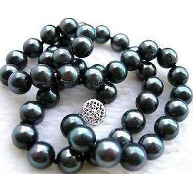 Charming 8-9mm natural south seas black green pearl necklace 18 inch 925 silver clasp