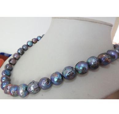 Charming 10-11MM tahitian black blue pearl necklace 18inch 14K gold clasp
