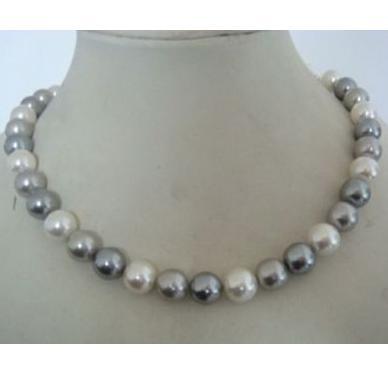 Charming 9-10mm tahitian two gray one white pearl necklace 18inch 925 silver clasp