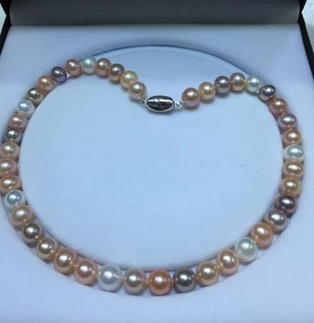 Charming AAA natural 9-10mm south seas white pink purple pearl necklace 18inch 925 silver clasp