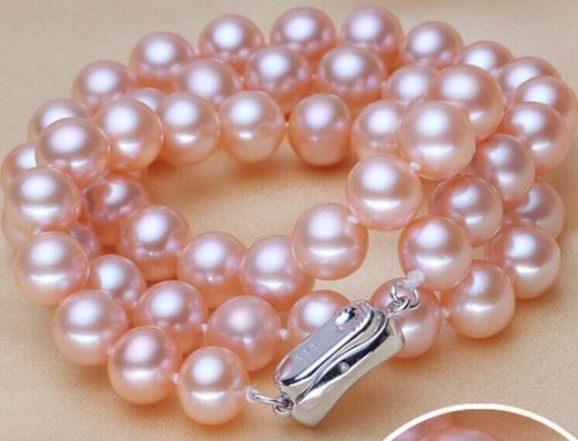 Elegant 9-10mm natural south seas pink pearl necklace 18inch 925 silver clasp