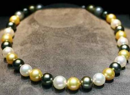 Charming 9-10m south sea white black gold multicolor pearl necklace 18inch 14k gold