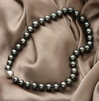 Gorgeous 9-10mm tahitian round black pearl necklace 18inch 925 silver clasp