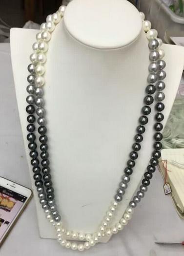 Charming double strands 9-10mm natural south seas black white gray pearl necklace 18inch 14K gold clasp