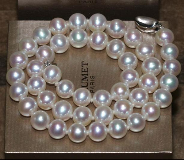 Charming 9-10mm south sea white pearl necklace 18inch 925 silver clasp