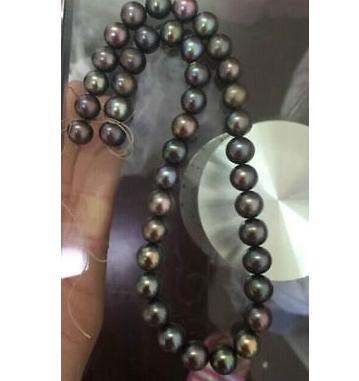 Charming 17.5inch 10-11mm natural black green tahitian pearl necklace 925 silver clasp