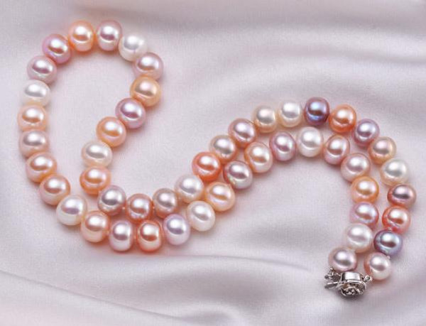 Gorgeous Natural 10-11mm white pink purple Pearl necklace 18inch 925 silver clasp