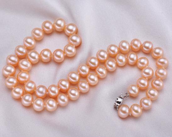 Gorgeous Natural 10-11mm gold pink Pearl necklace 18 inch 925 silver clasp