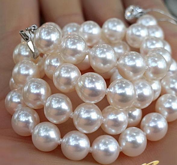 Charming natural 9-10mm white AKoya pearl necklace 18inch 925 silver clasp