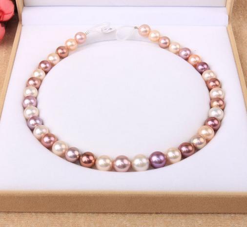 Gorgeous 10-11mm south seas white pink purple pearl necklace 18inch 925 silver clasp