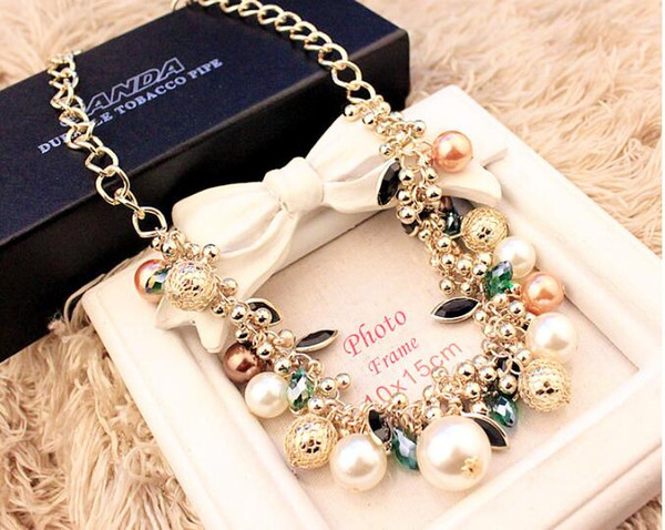 Big Pearl Luxury Colored Gemstone Pearl Crystal Necklace Exaggerated Clavicle Chain Jewelry Female Accessories Glamorous SP-0004