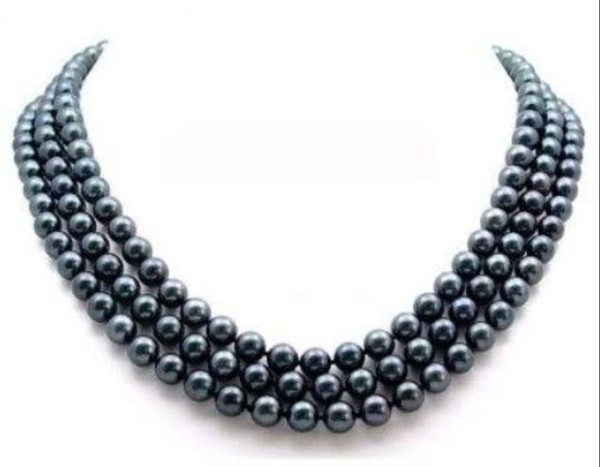 3 rows Natural tahitian 8-9mm Black Pearl Necklace Gold Clasp