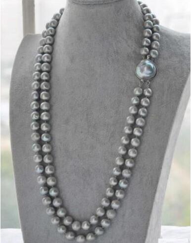 VERY BEAUTIFUL 2 ROW SOUTH SEA AAA 9-10MM GRAY NATURAL PEARL NECKLACE