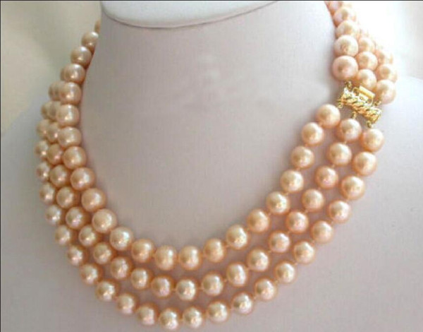 3 rows 8-9mm south sea pink natural pearl necklace 17-19