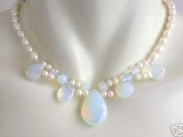 Blue Fire Opal and Fresh Water Pearl Cluster Necklace 18