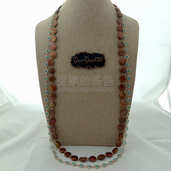 N091213 38'' Brown Coin Pearl Blue Crystal Chain Long Necklace